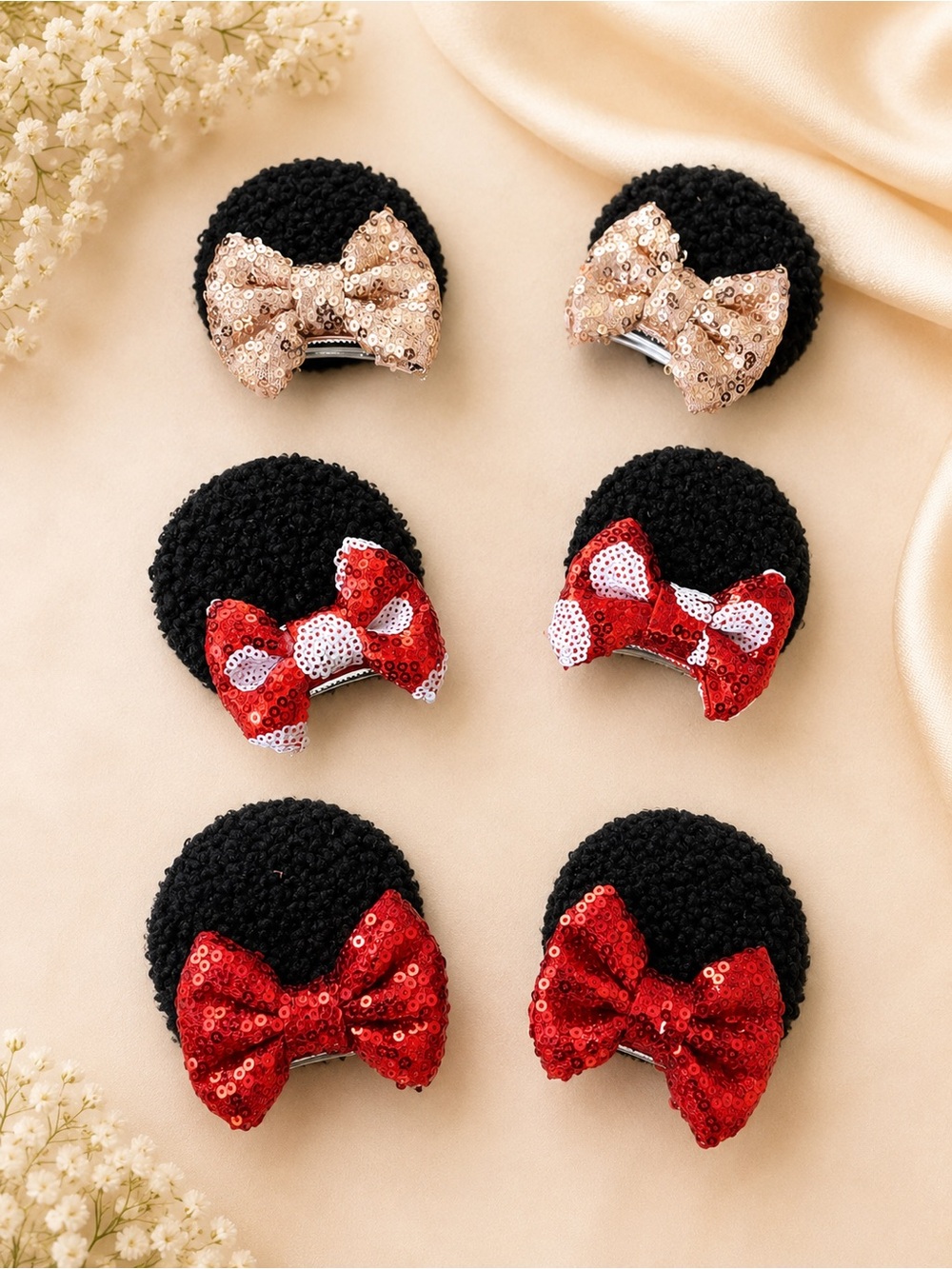 3 Pk Minnie, Mouse Ears Sequin Polkadot Bow Hair Clip Clips - Picture 2 of 4